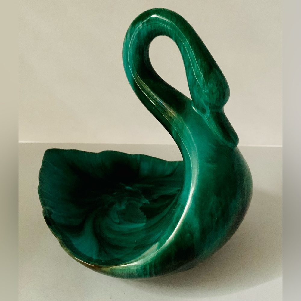 Vintage Blue ? Mountain Pottery Canada Swan Trinket Dish Redware Green Blue MCM